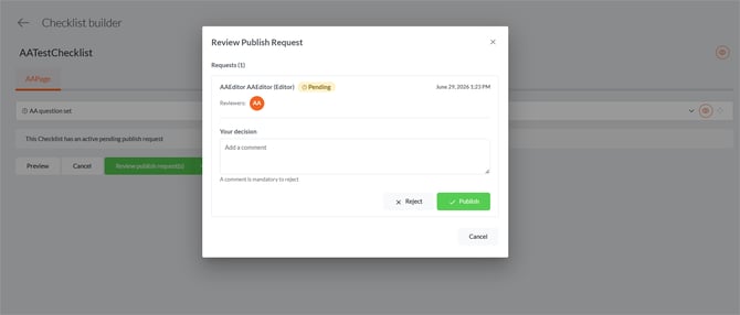 Review publish request screenshot. 
