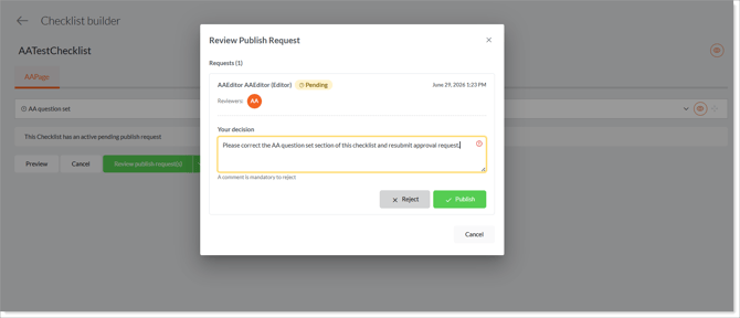 The reject dialog with the mandatory comment field completed.