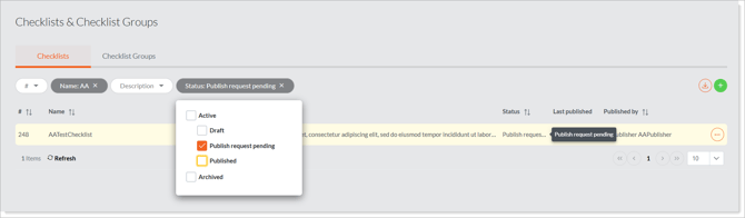 Locating a checklist in 'Publish request pending' state.