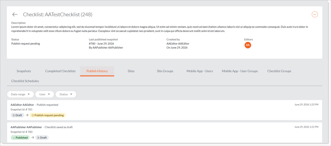The Publish History tab listing the request, the publisher's decision and the timestamps. (Manage Checklists › open a checklist › Publish History tab)