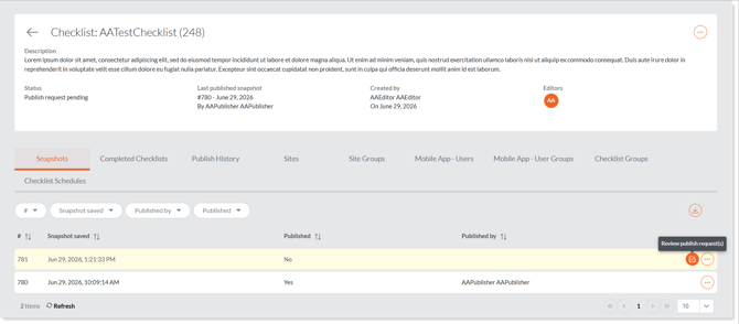 Locating a pending request in a checklist snapshot. 
