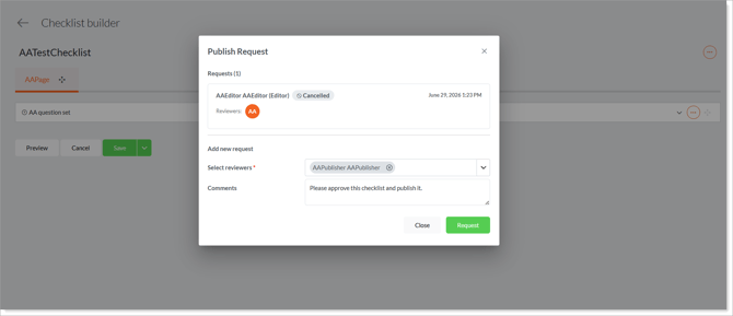 the publisher-selection pop-up with one or more eligible publishers selected. (Signed in as a user without the Publish role)